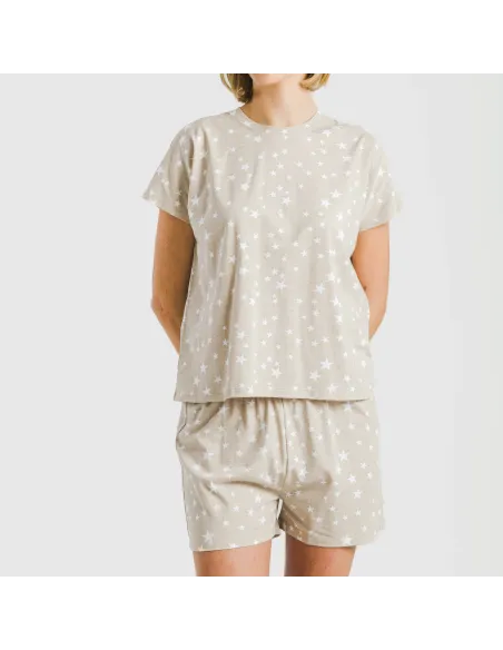 Pijama curto manga fluída algodão mulher Estrellita arena