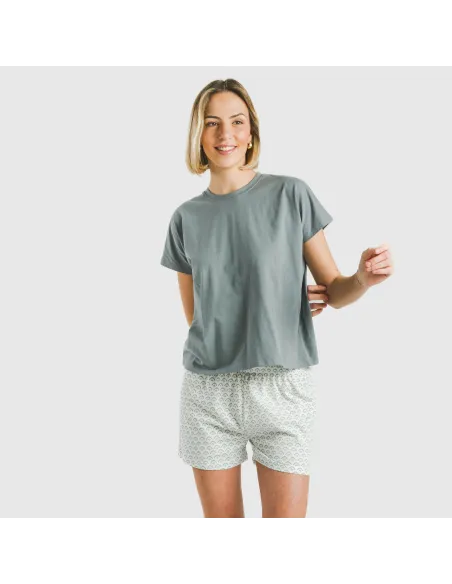 Pijama curto manga fluída algodão mulher Xenia verde azulado