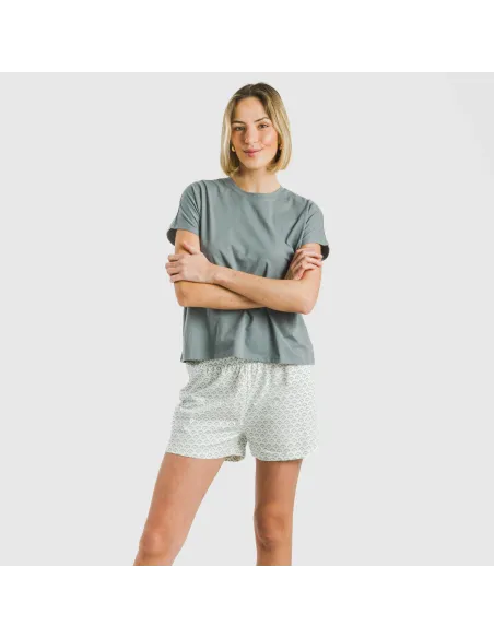Pijama curto manga fluída algodão mulher Xenia verde azulado