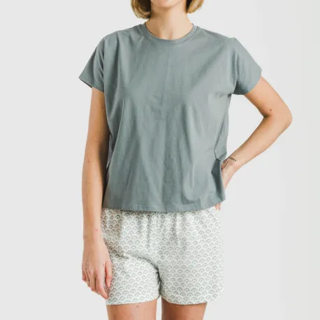 Pijama curto manga fluída algodão mulher Xenia verde azulado
