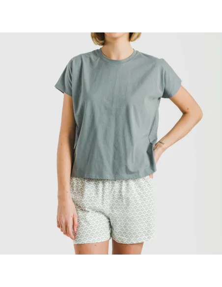 Pijama curto manga fluída algodão mulher Xenia verde azulado