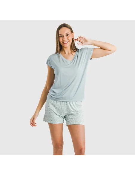 Pijama curto manga fluída viscosa mulher Cris azul celeste