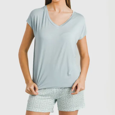 Pijama curto manga fluída viscosa mulher Cris azul celeste