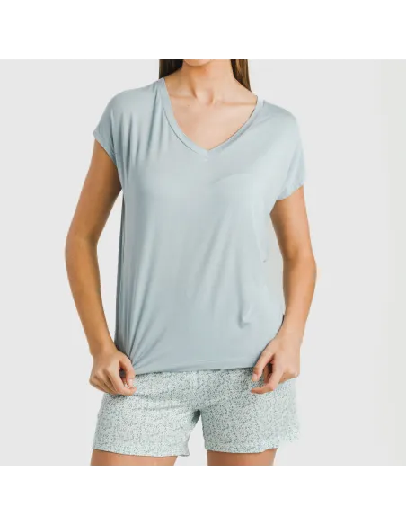 Pijama curto manga fluída viscosa mulher Cris azul celeste