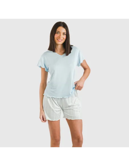 Pijama curto mulher manga fluída soft Raya Bill azul celeste Pijama curto mulher manga fluída soft Raya Bill azul celeste