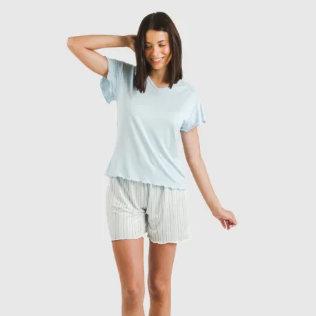 Pijama curto mulher manga fluída soft Raya Bill azul celeste