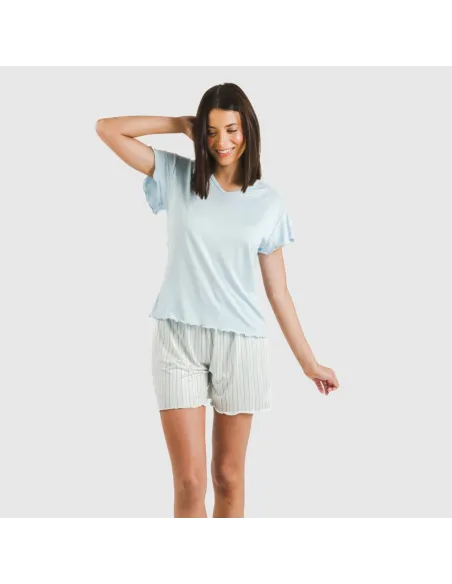 Pijama curto mulher manga fluída soft Raya Bill azul celeste Pijama curto mulher manga fluída soft Raya Bill azul celeste
