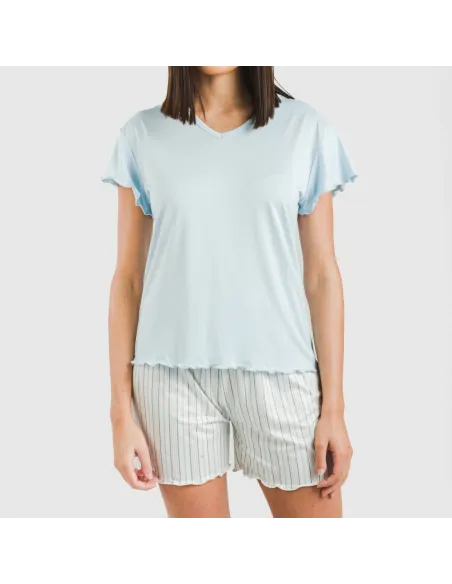 Pijama curto mulher manga fluída soft Raya Bill azul celeste Pijama curto mulher manga fluída soft Raya Bill azul celeste