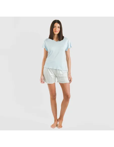 Pijama curto mulher manga fluída soft Raya Bill azul celeste Pijama curto mulher manga fluída soft Raya Bill azul celeste