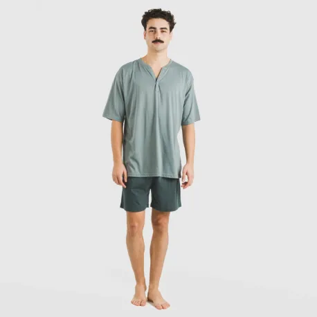 Pijama curto homem com botões verde azul claro - azul escuro