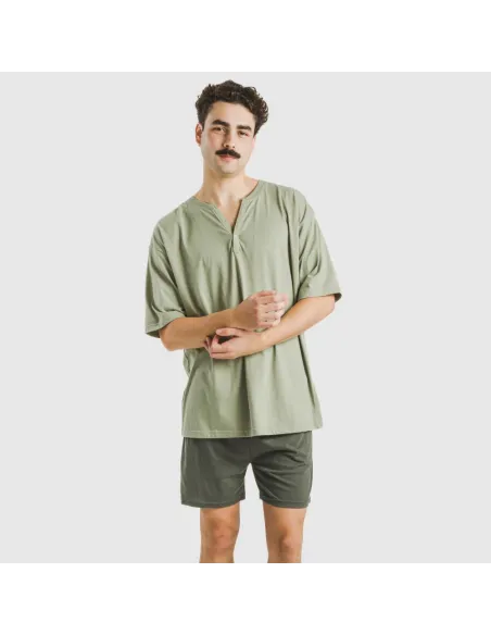 Pijama curto homem com botões verde claro - verde escuro Pijama curto homem com botões verde claro - verde escuro