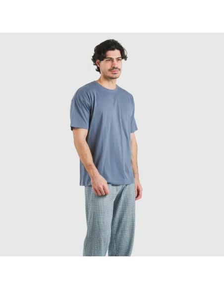 Pijama comprido manga curta algodão homem Cuadro Kike azul