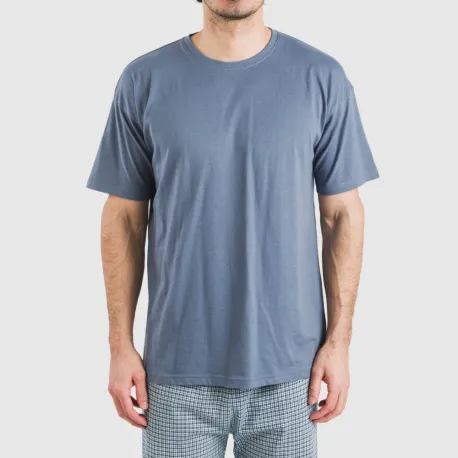 Pijama comprido manga curta algodão homem Cuadro Kike azul