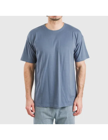 Pijama comprido manga curta algodão homem Cuadro Kike azul