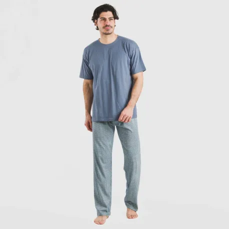 Pijama comprido manga curta algodão homem Cuadro Kike azul