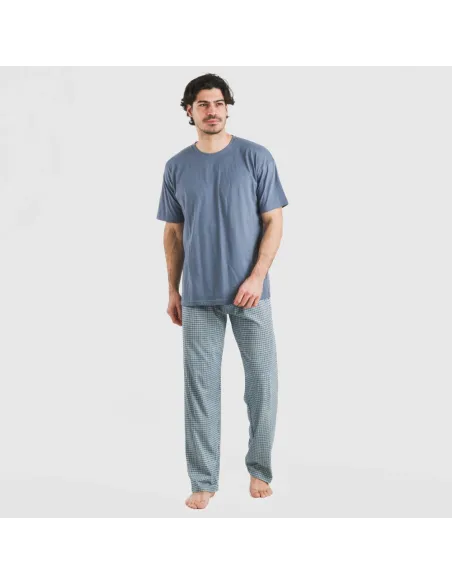 Pijama comprido manga curta algodão homem Cuadro Kike azul