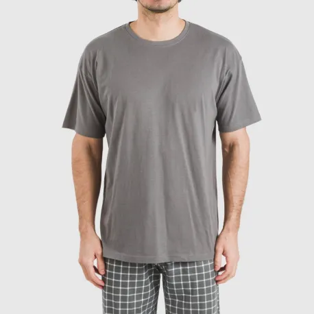 Pijama comprido manga curta algodão homem Cuadro Roberto cinza