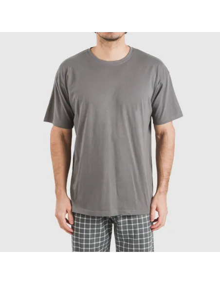 Pijama comprido manga curta algodão homem Cuadro Roberto cinza
