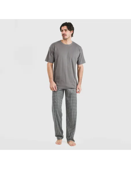 Pijama comprido manga curta algodão homem Cuadro Roberto cinza