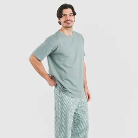 Pijama comprido manga curta algodão homem Sassy verde azulado