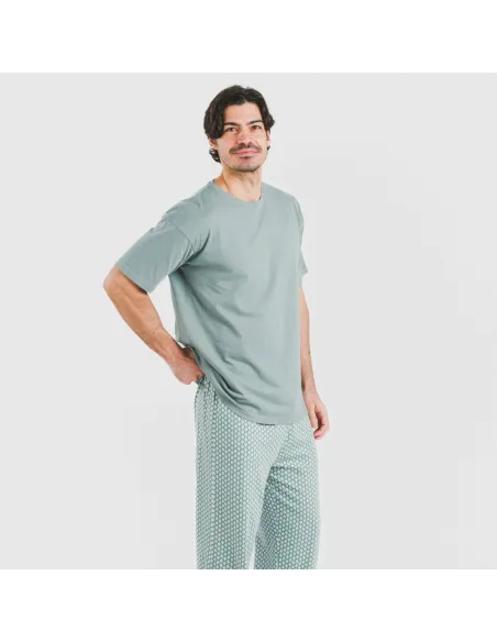 Pijama comprido manga curta algodão homem Sassy verde azulado