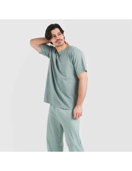 Pijama comprido manga curta algodão homem Sassy verde azulado