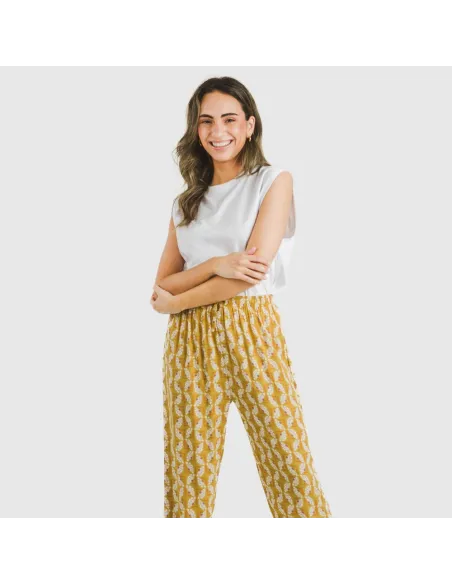 Calças viscosa Calsita mostarda Calças viscosa Calsita mostarda