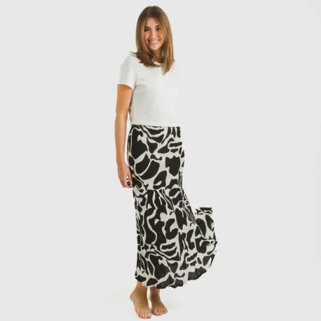 Saia midi viscosa bambula Teudis bege - preto