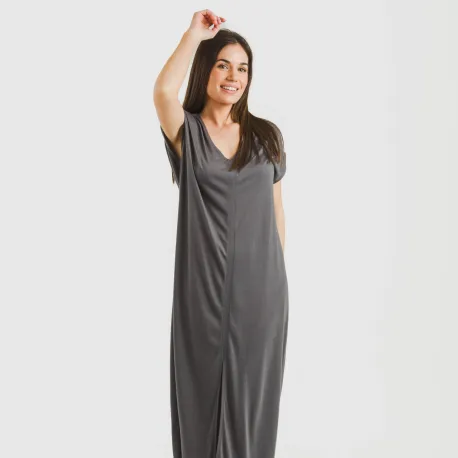 Vestido comprido manga fluída viscosa liso