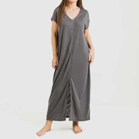 Vestido comprido manga fluída viscosa liso