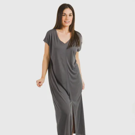 Vestido comprido manga fluída viscosa liso