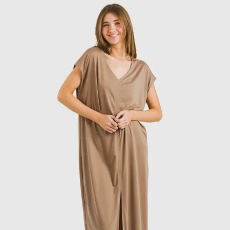 Vestido comprido manga fluída viscosa liso