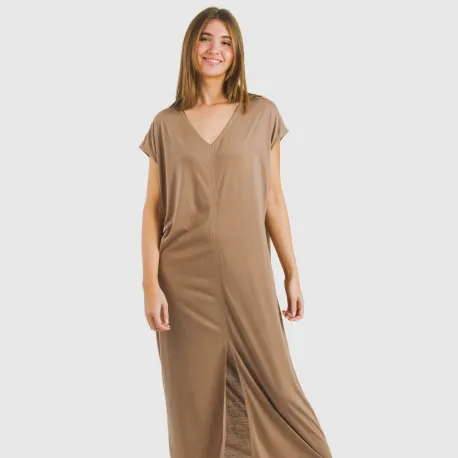 Vestido comprido manga fluída viscosa liso