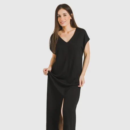 Vestido comprido manga fluída viscosa liso