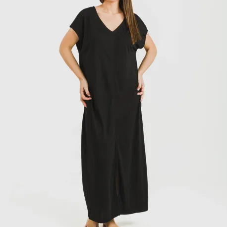 Vestido comprido manga fluída viscosa liso