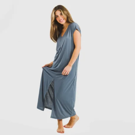 Vestido comprido manga fluída viscosa liso