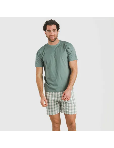 Pijama curto algodão homem Cuadro Poli verde azulado