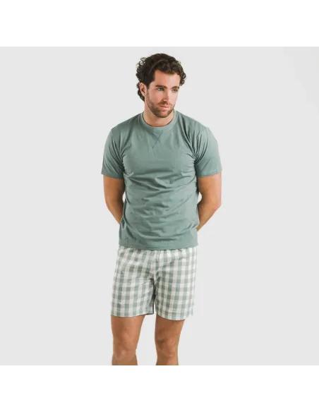 Pijama curto algodão homem Cuadro Poli verde azulado