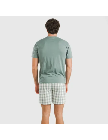 Pijama curto algodão homem Cuadro Poli verde azulado