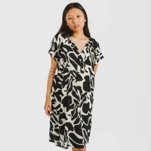 Vestido curto manga fluida viscosa bambula Teudis bege - preto