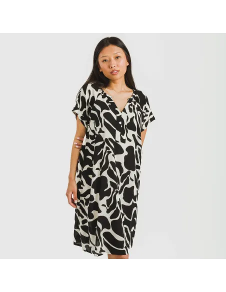 Vestido curto manga fluida viscosa bambula Teudis bege - preto Vestido curto manga fluida viscosa bambula Teudis bege - preto