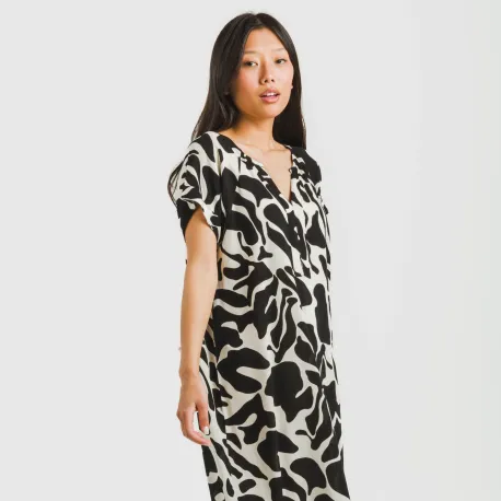 Vestido curto manga fluida viscosa bambula Teudis bege - preto