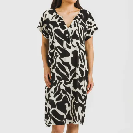 Vestido curto manga fluida viscosa bambula Teudis bege - preto