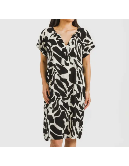 Vestido curto manga fluida viscosa bambula Teudis bege - preto Vestido curto manga fluida viscosa bambula Teudis bege - preto