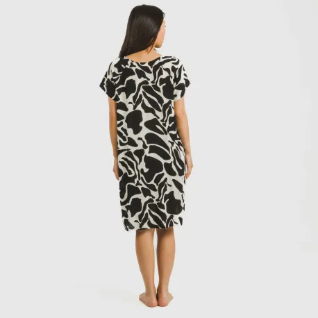 Vestido curto manga fluida viscosa bambula Teudis bege - preto