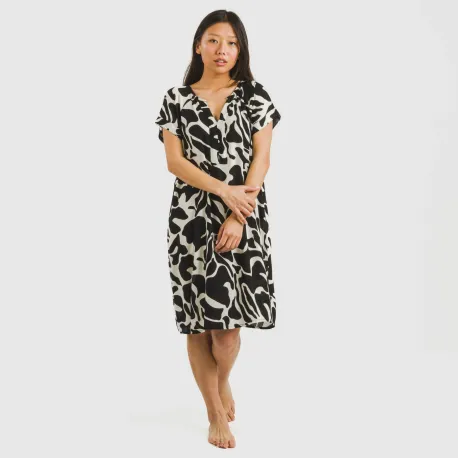 Vestido curto manga fluida viscosa bambula Teudis bege - preto