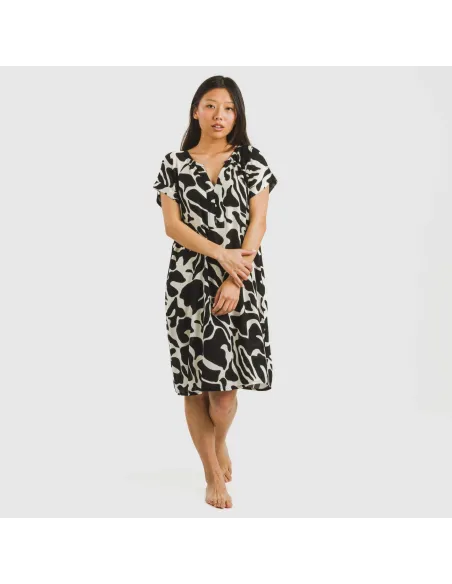 Vestido curto manga fluida viscosa bambula Teudis bege - preto Vestido curto manga fluida viscosa bambula Teudis bege - preto