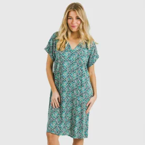 Vestido curto manga fluida viscosa bambula Malura água marinha