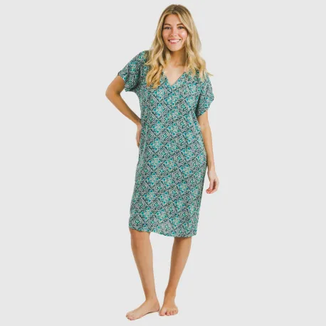 Vestido curto manga fluida viscosa bambula Malura água marinha