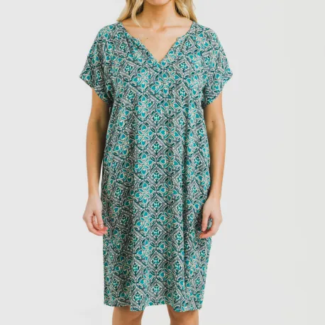 Vestido curto manga fluida viscosa bambula Malura água marinha